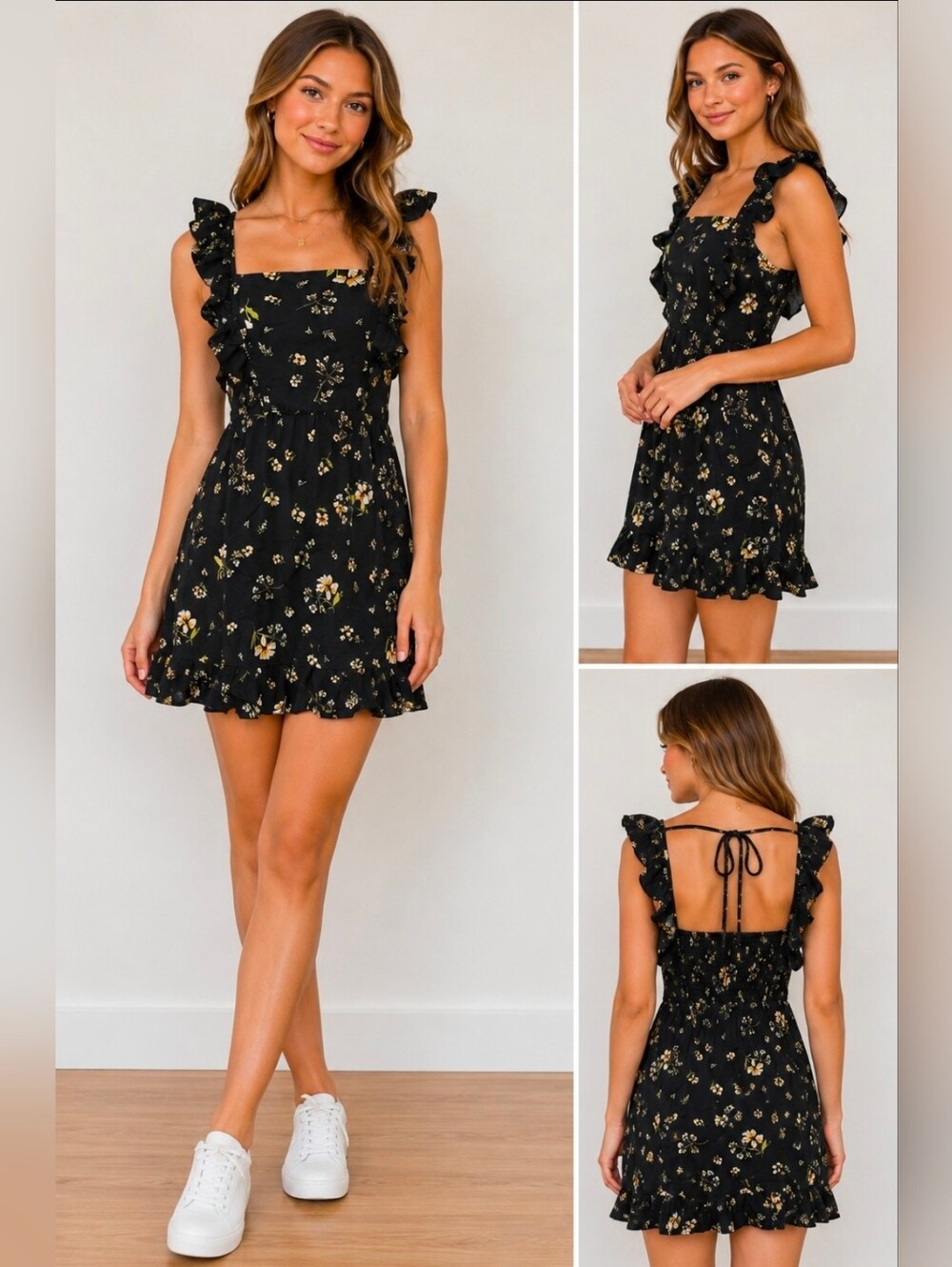 NWT Wild Fable mini dress, square neck, ruffled shoulders, floral print Sz XS